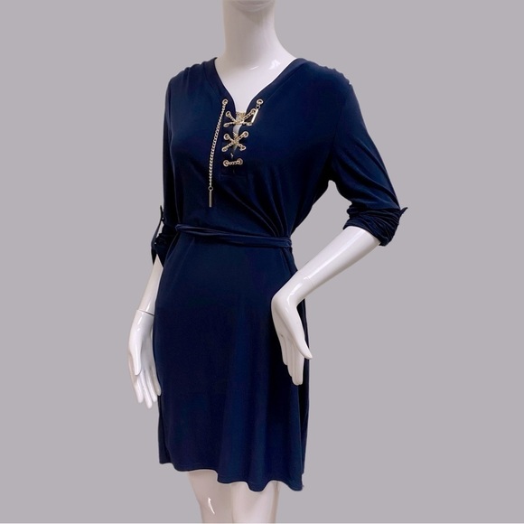 Spense 3/4 sleeve blue gold chain up the front dress - Picture 3 of 11